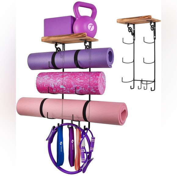 Tomreky Other - Yoga Mat Holder w/Shelf & Hooks Wall Mount Workout Gym Accessories Storage Rack